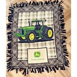 Vintage John Deere Kids Fleece Blanket Tractor Plaid Tie Fringe 38x50